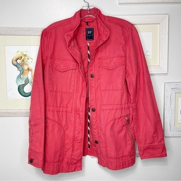 GAP Coral Red Long Sleeve Zip Up Utility Jacket Size Small - Picture 1 of 10